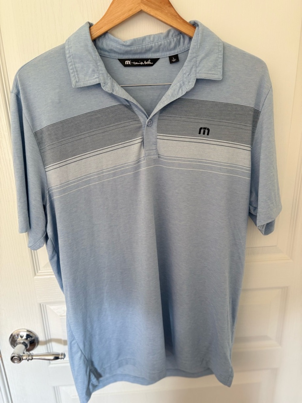 Travis Mathew Light Blue Striped Short Sleeve Polo